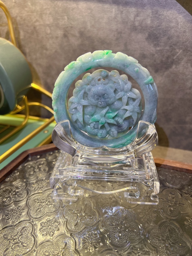 翡翠手镯 （59.9）熊猫竹节 节节高升岁岁归春 手工雕