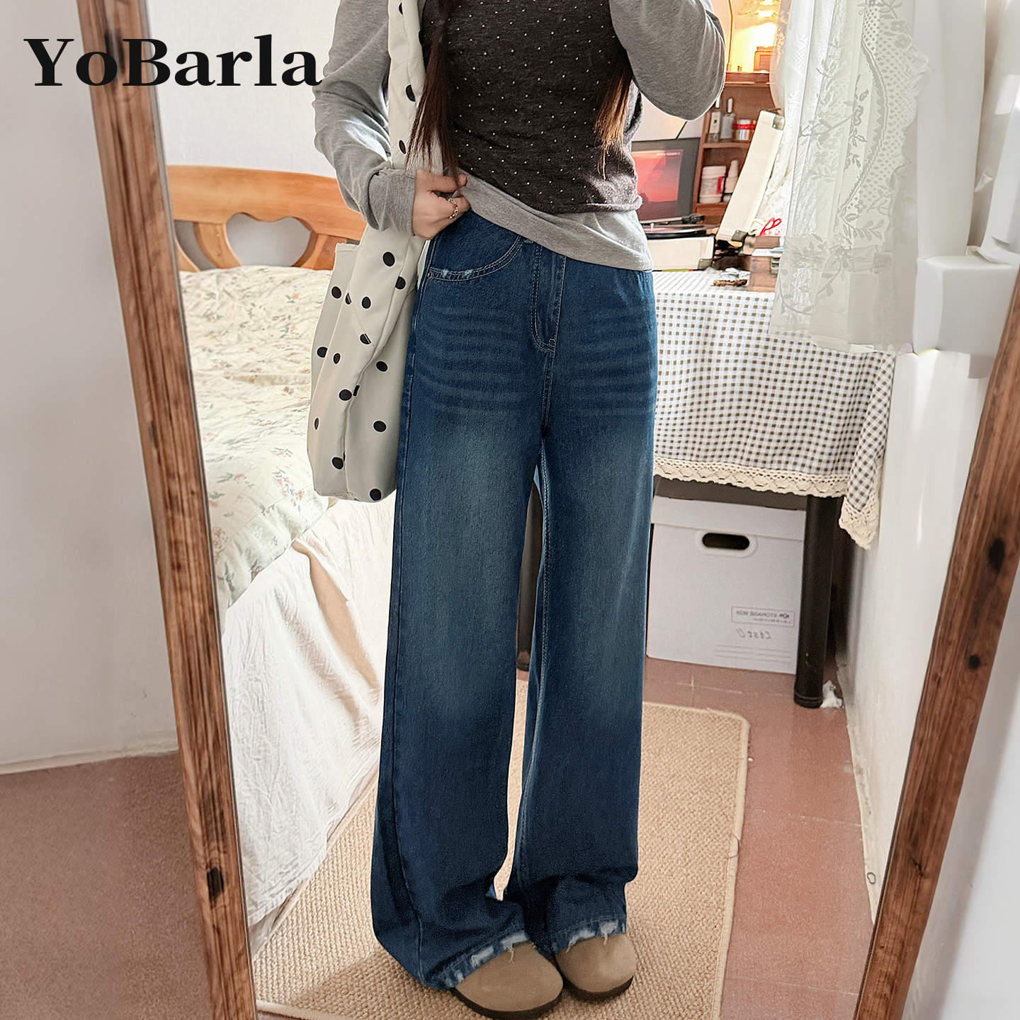 复古直筒牛仔裤女秋季新款梨型身材胖mm大码显瘦宽松垂感阔腿裤子