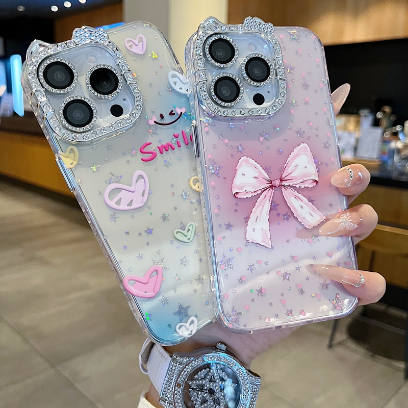 适用苹果系列iPhone16新款手机壳时尚优雅晕染蝴蝶结满边钻框闪钻