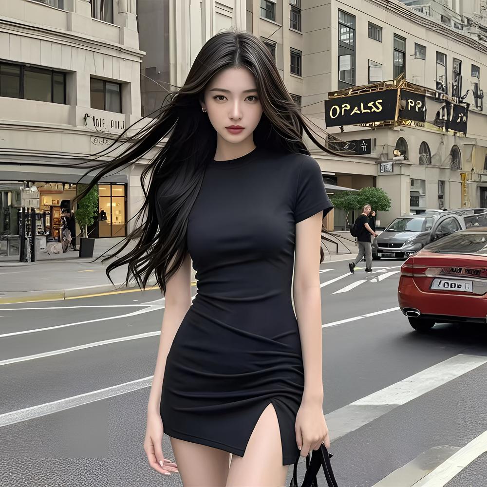高级感黑色短袖连衣裙女夏季别致性感紧身开叉包臀裙气质辣妹短裙