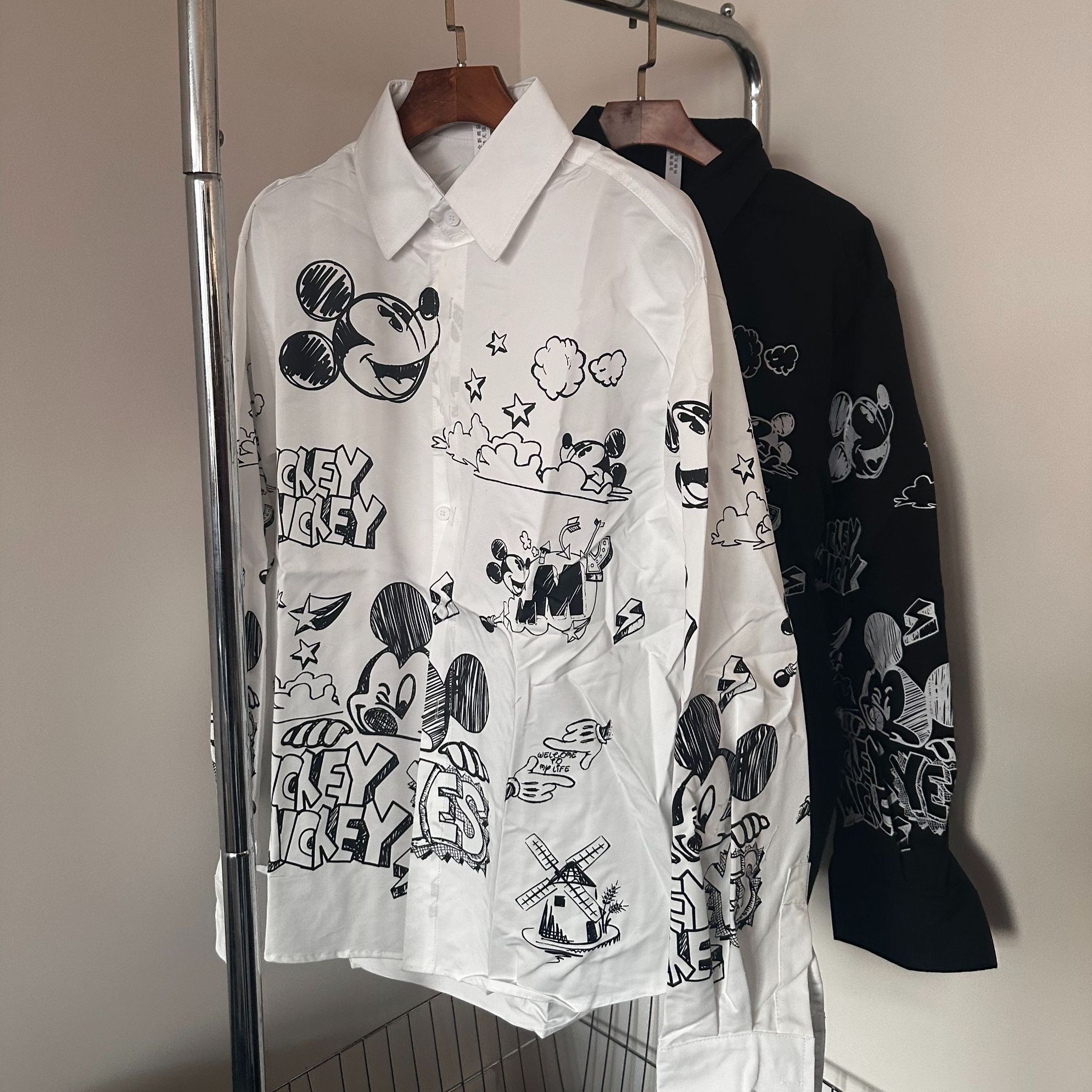 白鹤大人设计感卡通老鼠印花长袖衬衫2025早秋男宽松显瘦休闲衬衣
