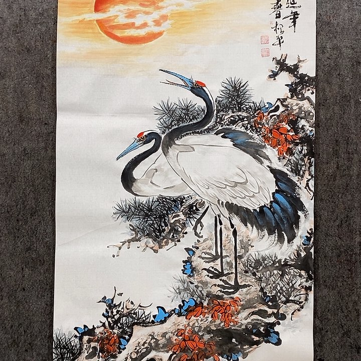 国画春*手绘国画松鹤图案