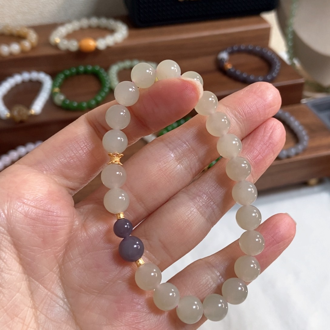 和田玉手链银S925镶嵌福利8mm熟藕粉