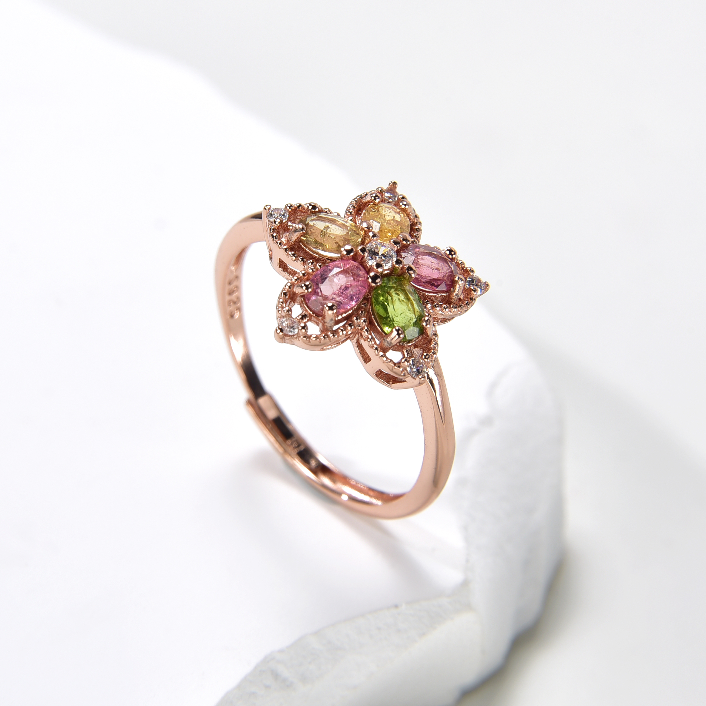 （桃）糖果色天然碧玺幸运五叶s925银戒指