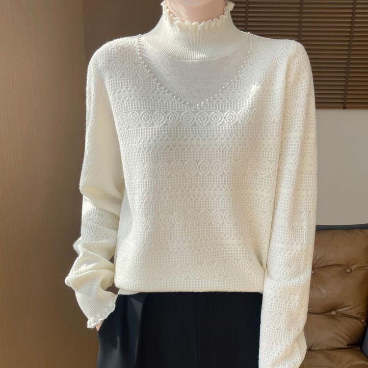 木耳边花边领半高领针织衫毛衣女宽松秋冬新款气质宽松打底衫上衣