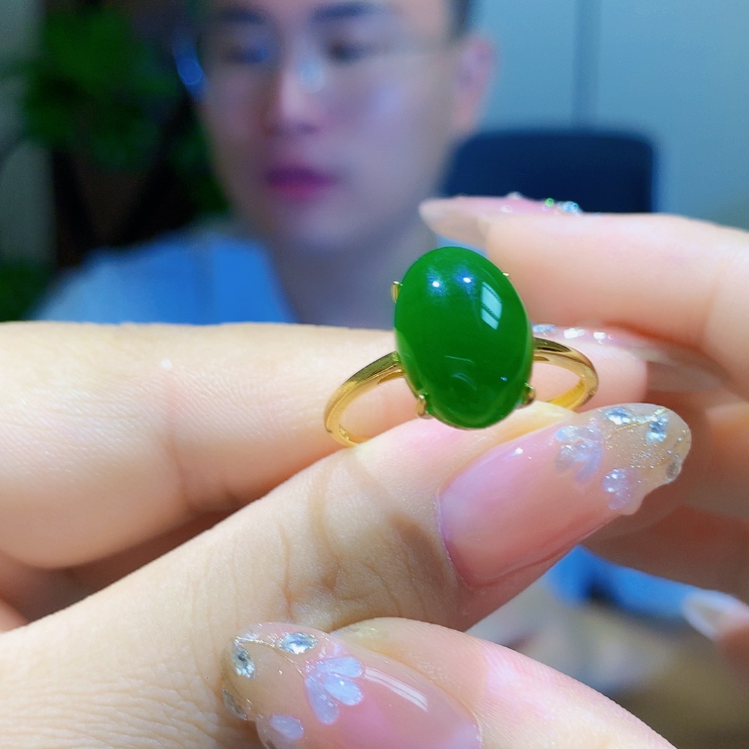 银S925镀金镶嵌戒指和田玉（碧玉）