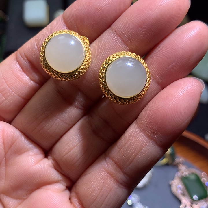 和田玉耳钉银S925镶嵌