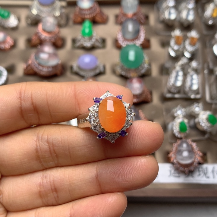翡翠合金戒指翡翠糯冰橘色戒面