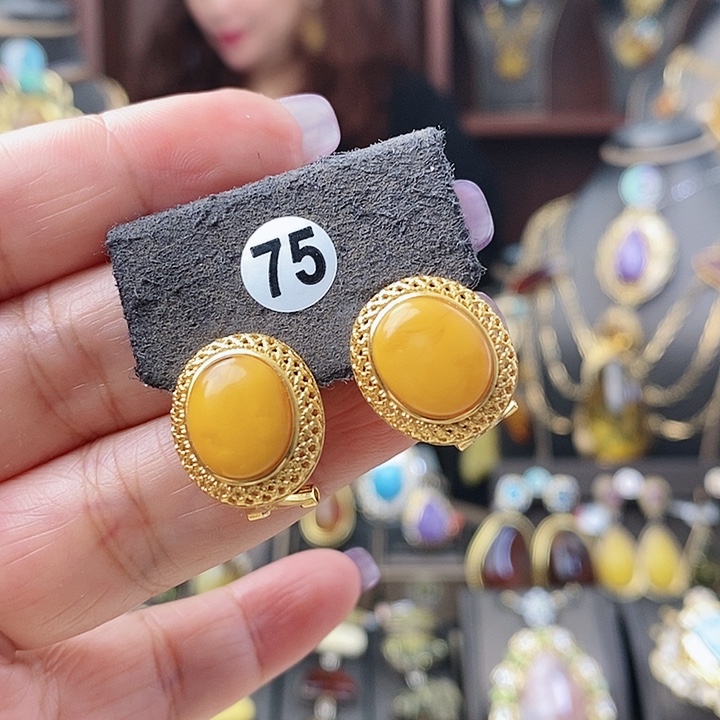 琥珀耳饰银S925镶嵌耳环