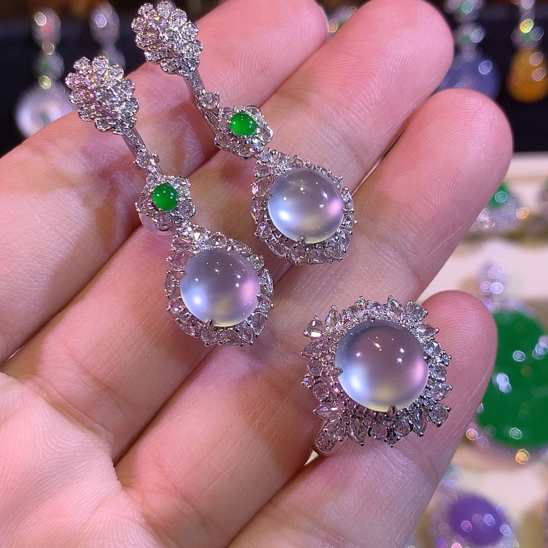 翡翠18K金镶嵌耳饰玻璃种不封底蛋面套装耳坠戒指