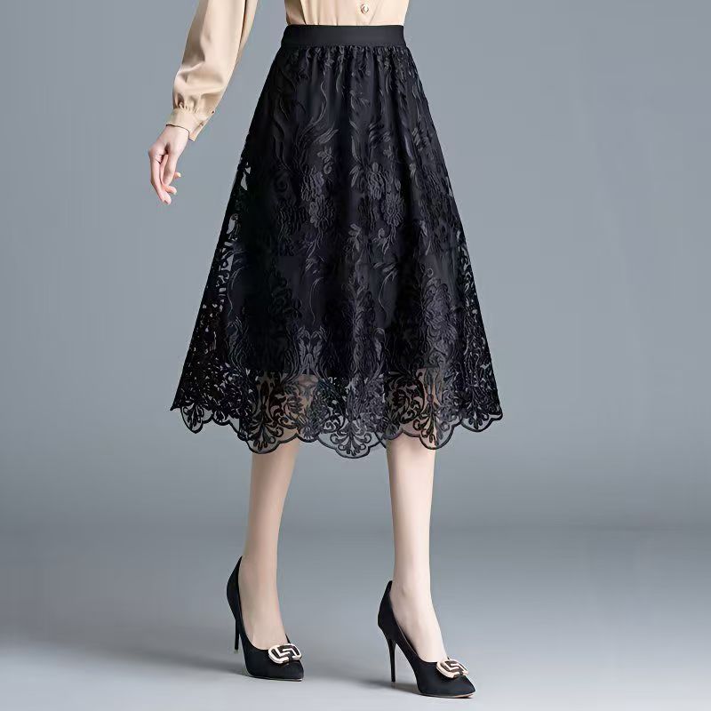 重工刺绣蕾丝大码松紧半身裙春夏2025女新款时尚高腰中长款气质裙