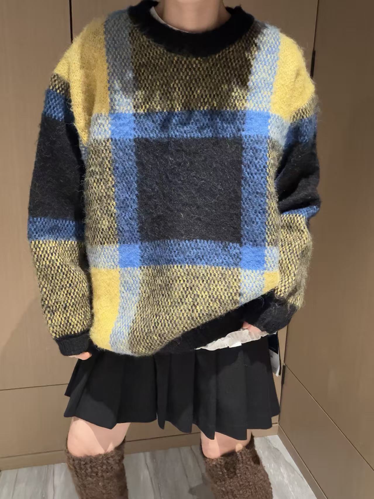 韩版秋冬新款大格纹毛衣女上衣