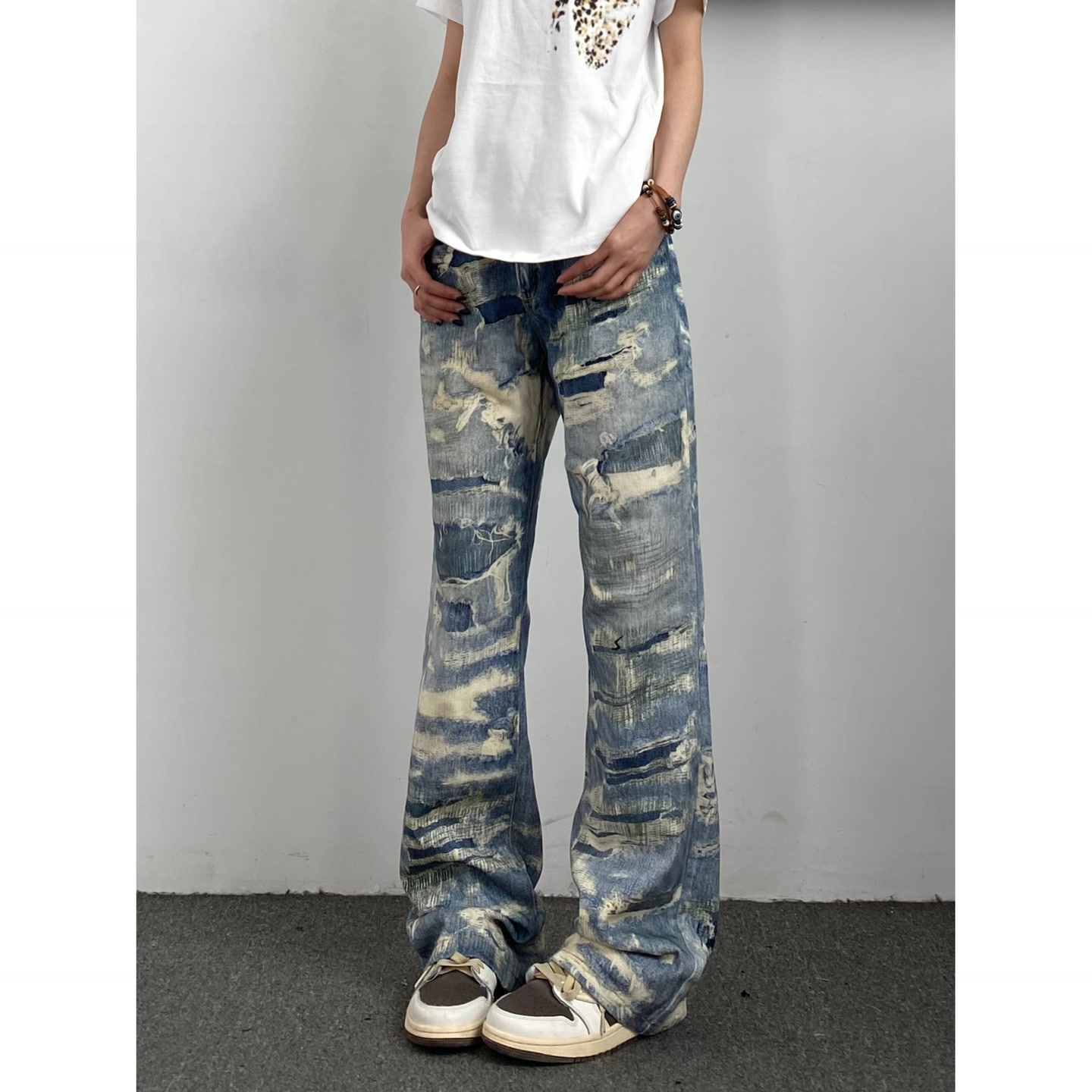 百搭美式国潮小众3D打印牛仔裤男女感长裤直筒微喇裤子男款8373