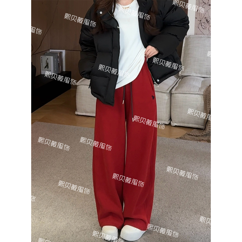 熙贝薇 加绒加厚刺绣小马标松紧腰宽松加绒休闲卫裤 G5952