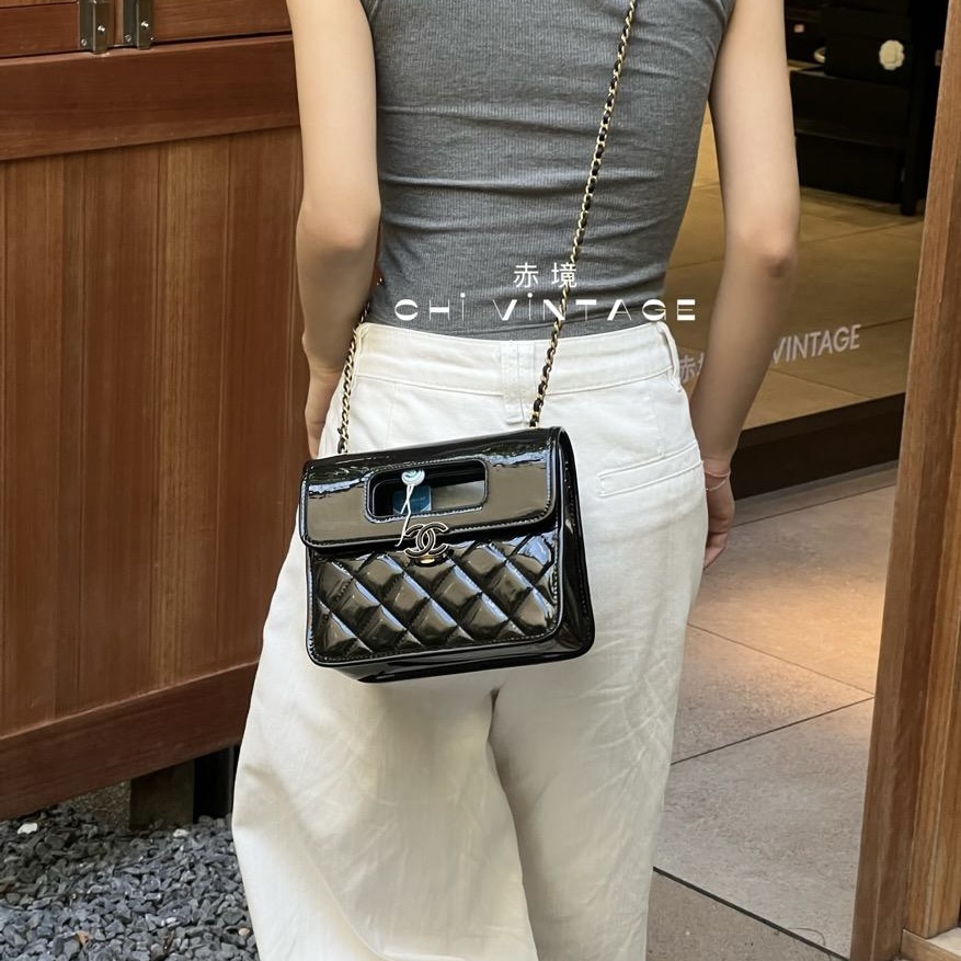 99新 Chanel/香奈儿 2466 黑色23S漆皮豆腐手提斜挎包芯片款