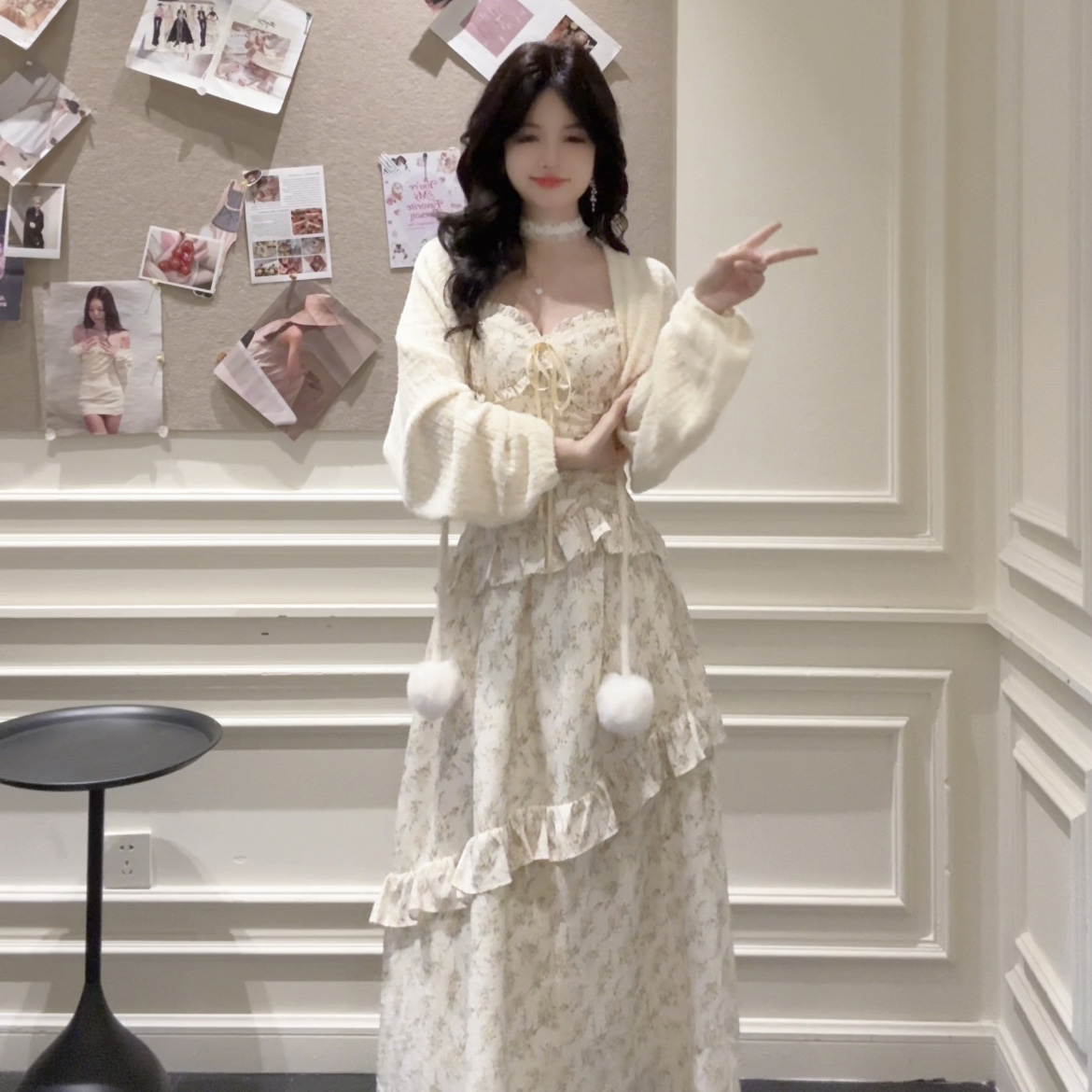 桔梗house 柑橘乌龙【现货】少女甜美毛绒外搭荷叶边吊带长裙