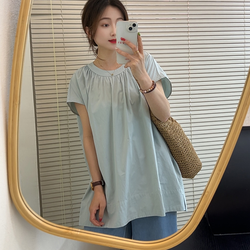 日系简约褶皱圆领短袖衬衫女宽松百搭纯色慵懒风衬衣夏季薄款上衣