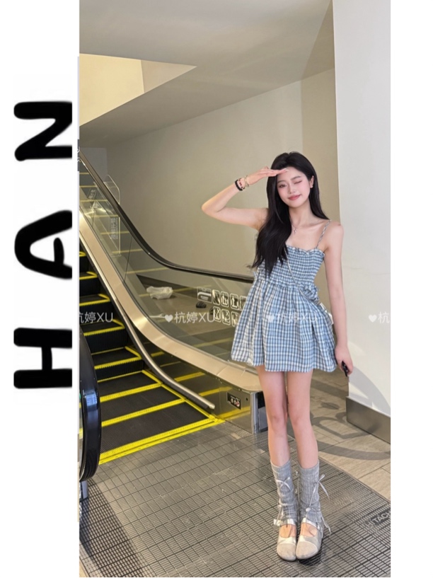 【桃夭】韩版新款法式复古收腰显瘦格子连衣裙