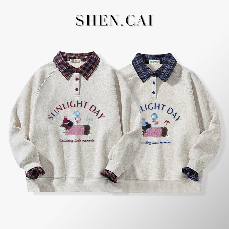 女大童加绒卫衣秋冬装韩版青少年格子假两件秋季女孩卡通休闲衣服
