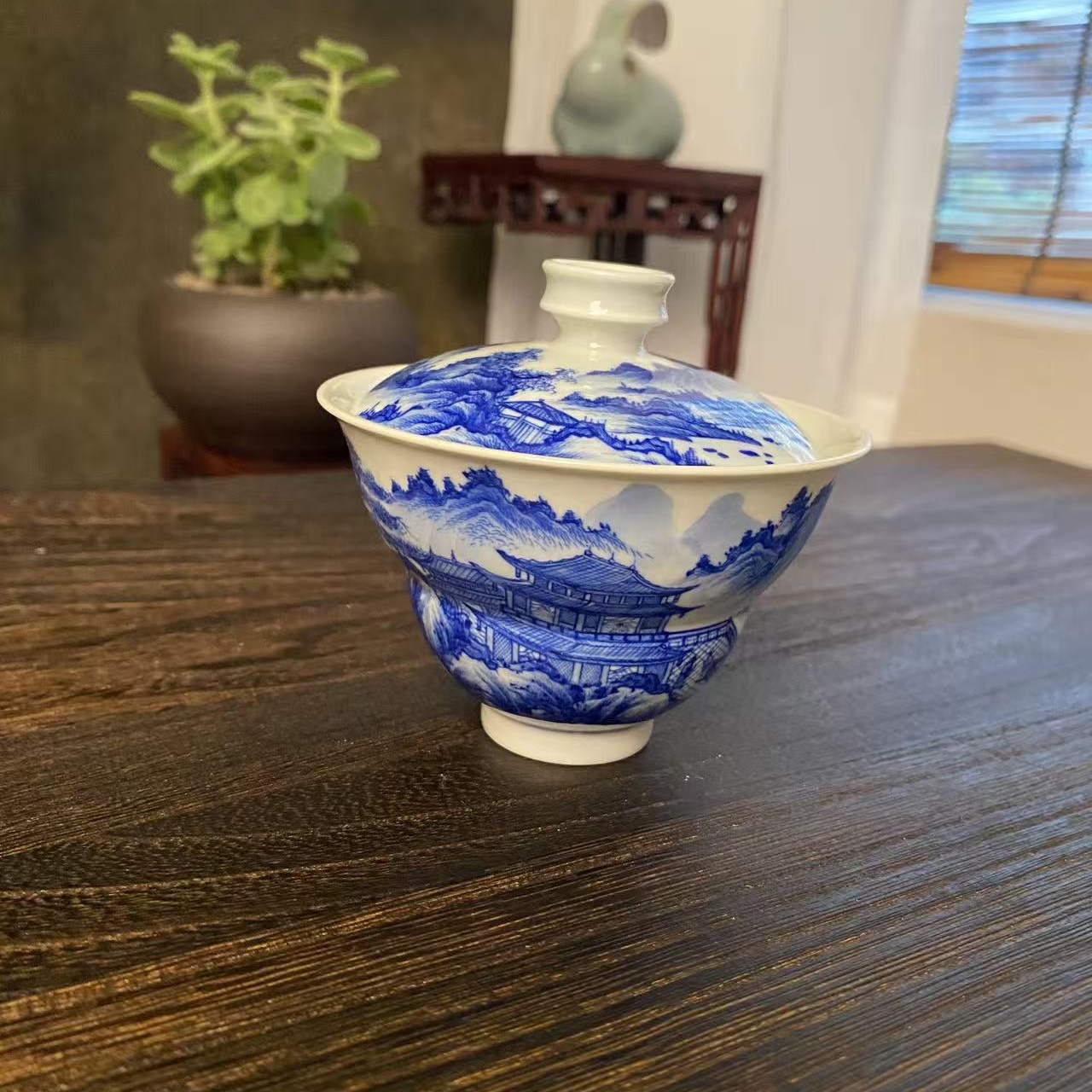 【四悦茶陶】青花山水楼阁葫芦盖碗 景德镇陶瓷手工手绘 容量110