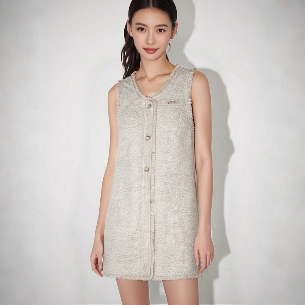 【妙】25春品牌折扣羊毛单排扣毛边无袖叠穿A版背心连衣裙女士622