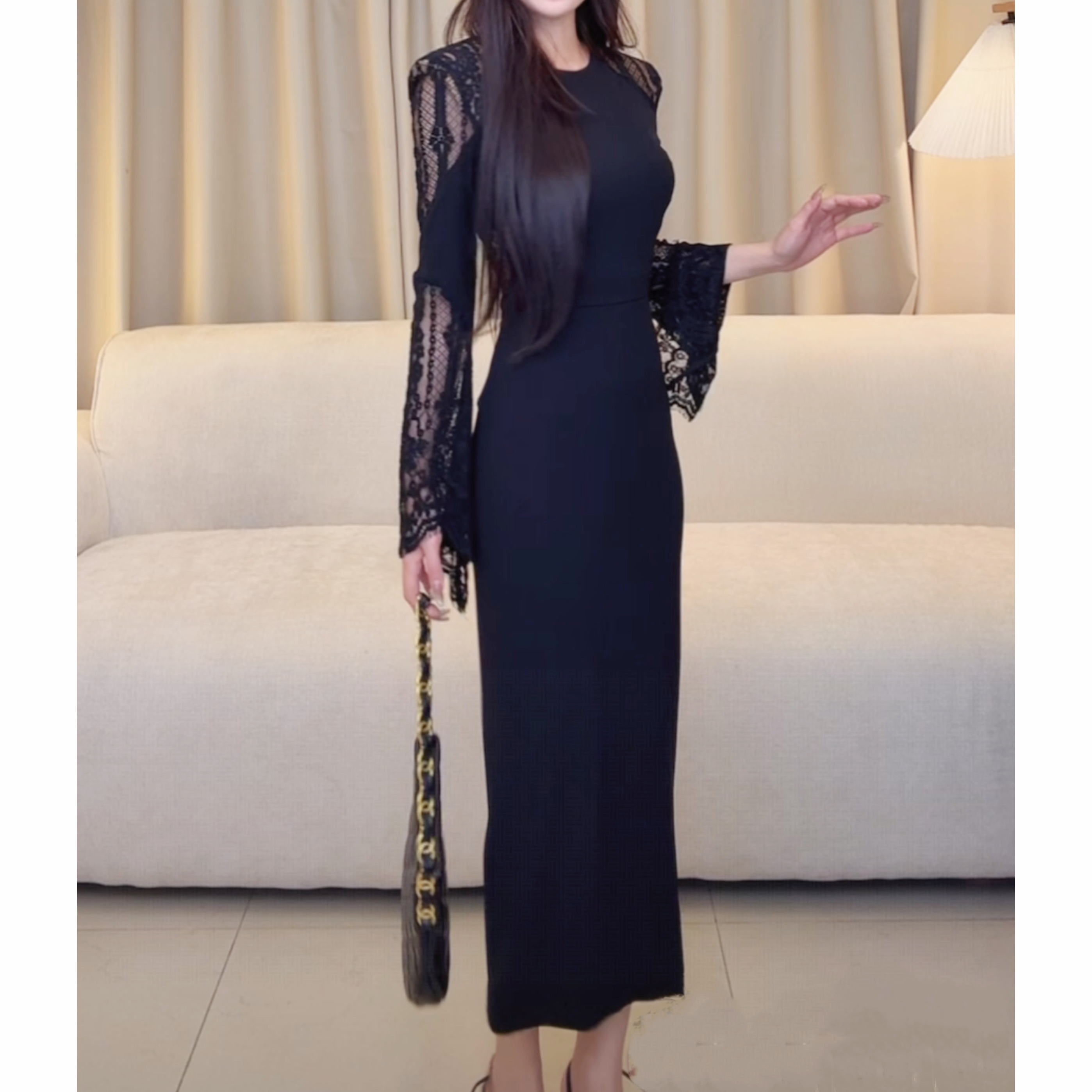 A592 蕾丝拼接小黑裙秒变气质女神秋季新款优雅高级感长裙