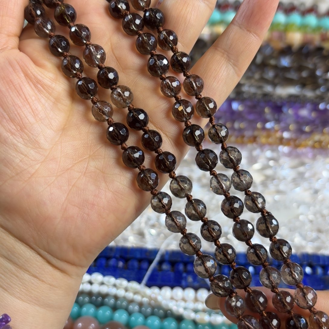 玛瑙/玉髓未镶嵌珠宝半成品卡8茶晶切面圆珠一条