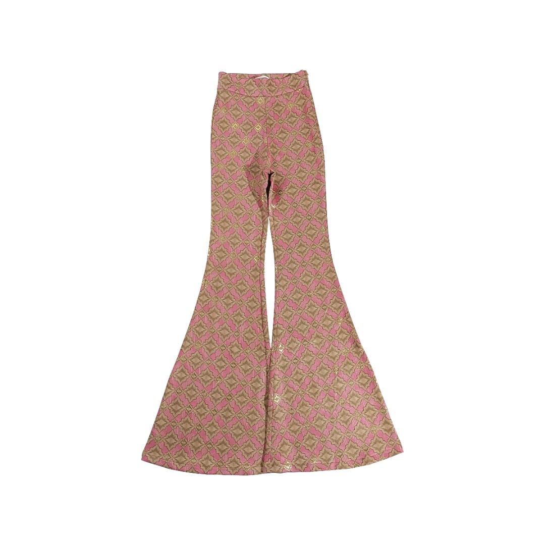 【孤品不退不换】AOAOMISSSHOP粉色方块印花雪花绒大喇叭裤009】57-3