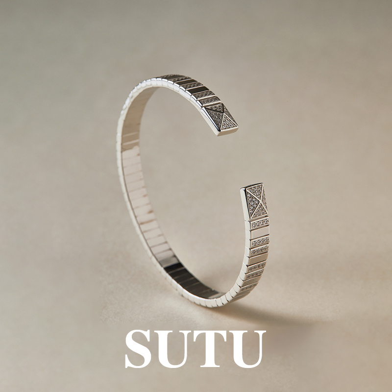 925银合成锆石手镯 设计师款高级感不规则多边形铆钉拼接开口手镯