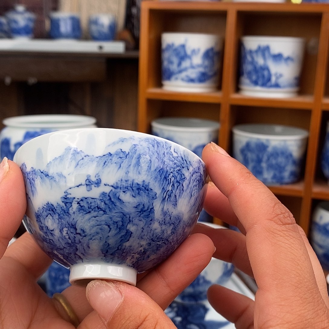 杯鸡心杯溪山访友图 润锋窑宋画山水