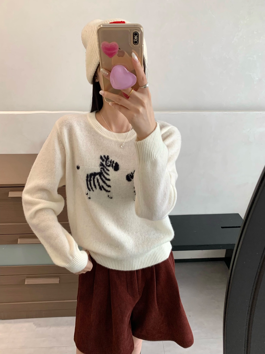 韩系卡通斑马圆领100%羊毛针织衫女2025秋冬宽松百搭软糯打底毛衣