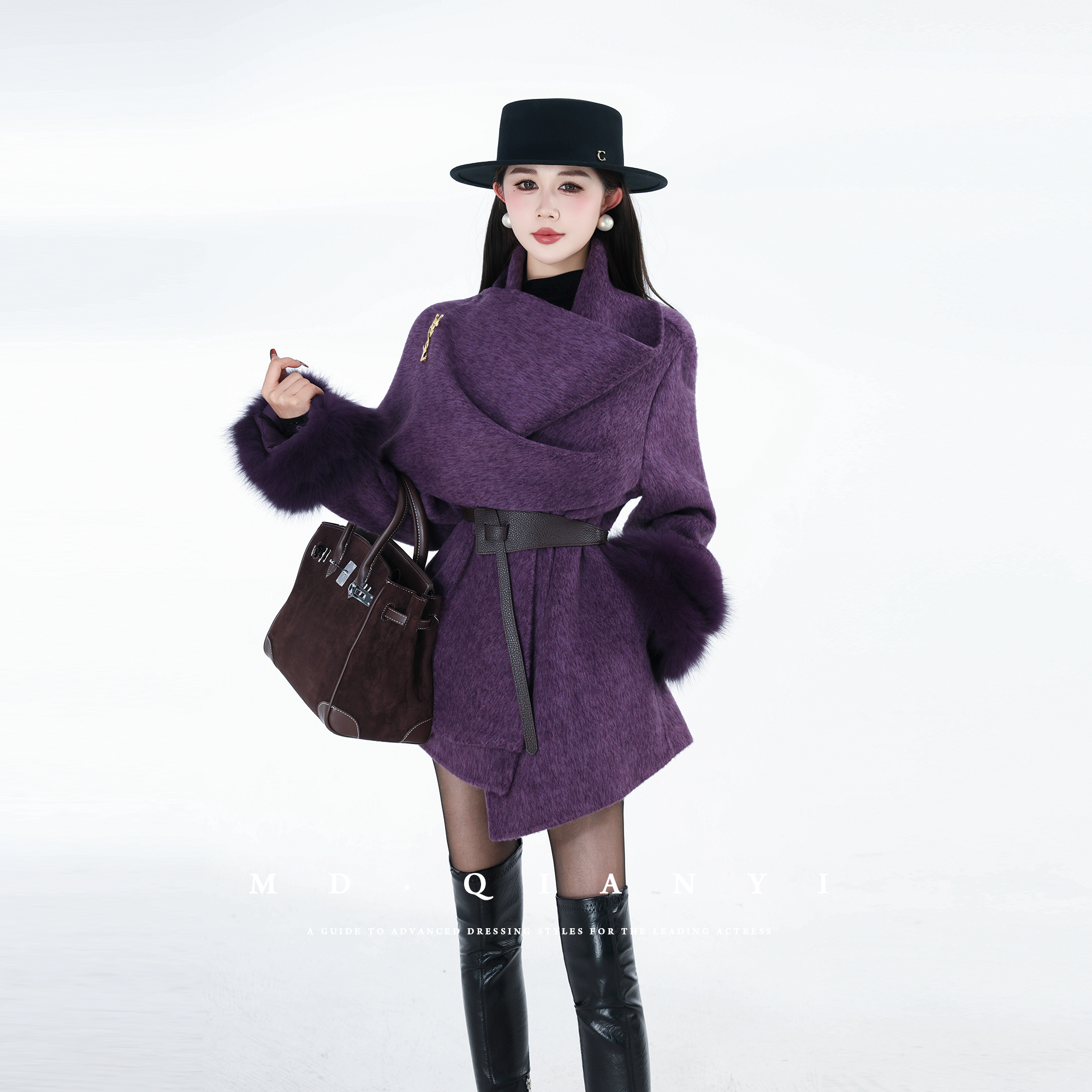 MD定制·杨千亿【幽帘梦影】2025冬季拼接时尚百搭显瘦羊毛毛呢外套