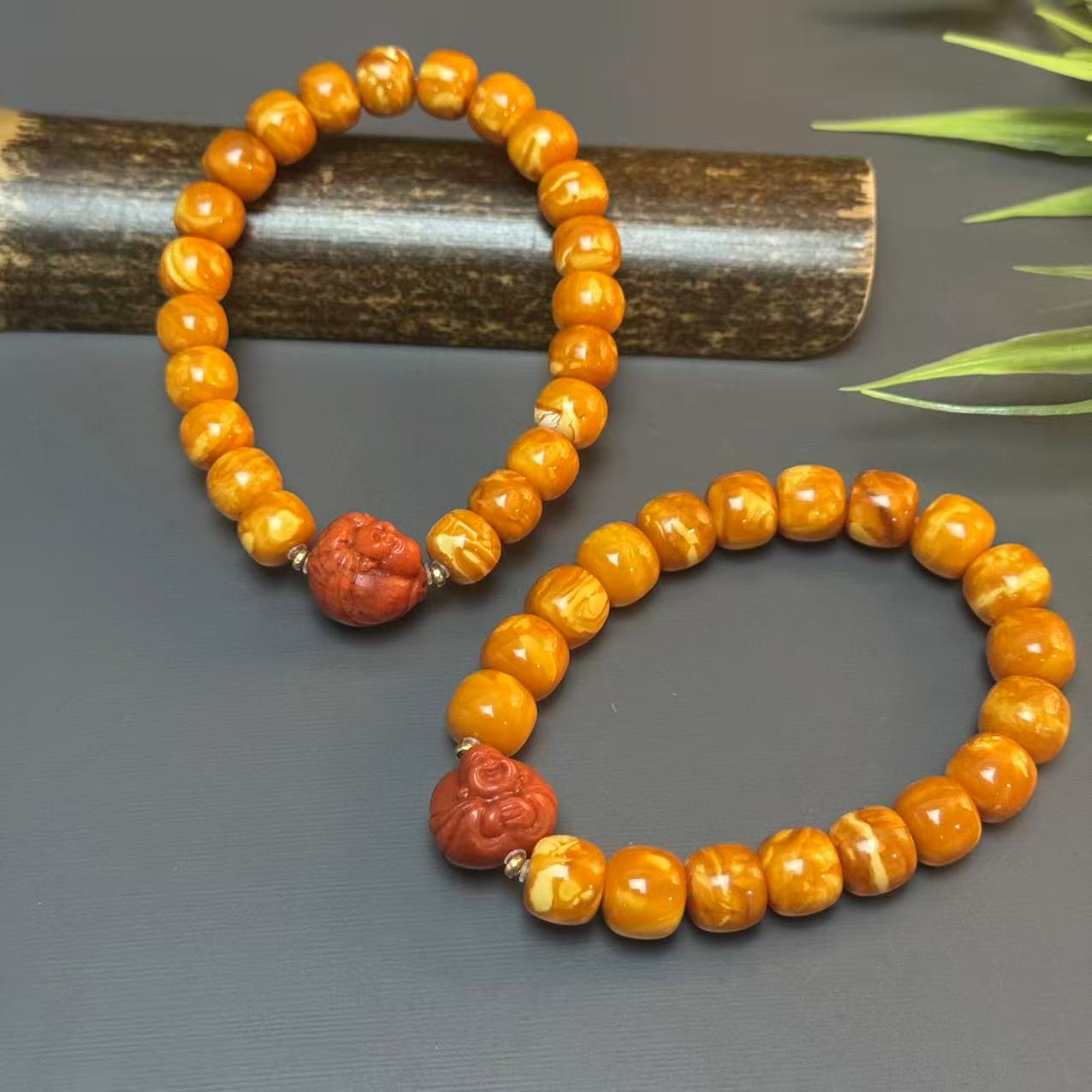 【景旺】9mm+南红财神笑佛18k金老花蜡老型手串@多样性只发其中一件