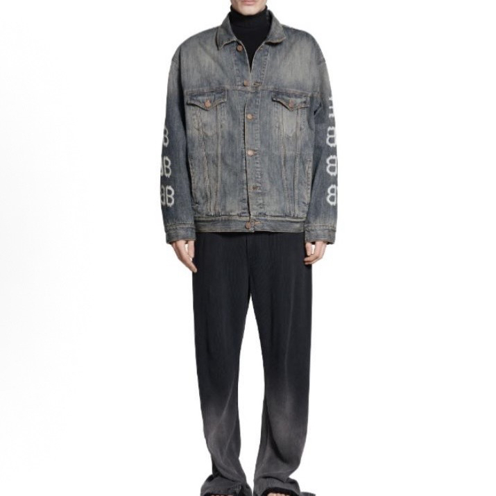 99新 Balenciaga/巴黎世家 7881/SS23靛蓝色logo印花牛仔外套/S码