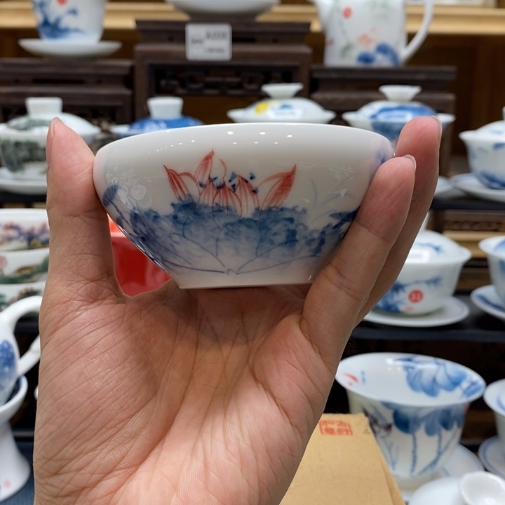 手绘荷花大压手110cc釉下彩微瑕福利款