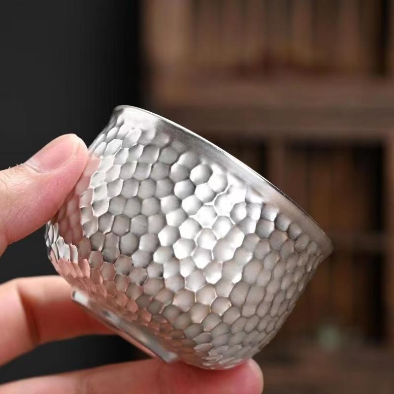 主人杯手工捶打纹瓷银杯家用功夫茶具单杯鎏银1003