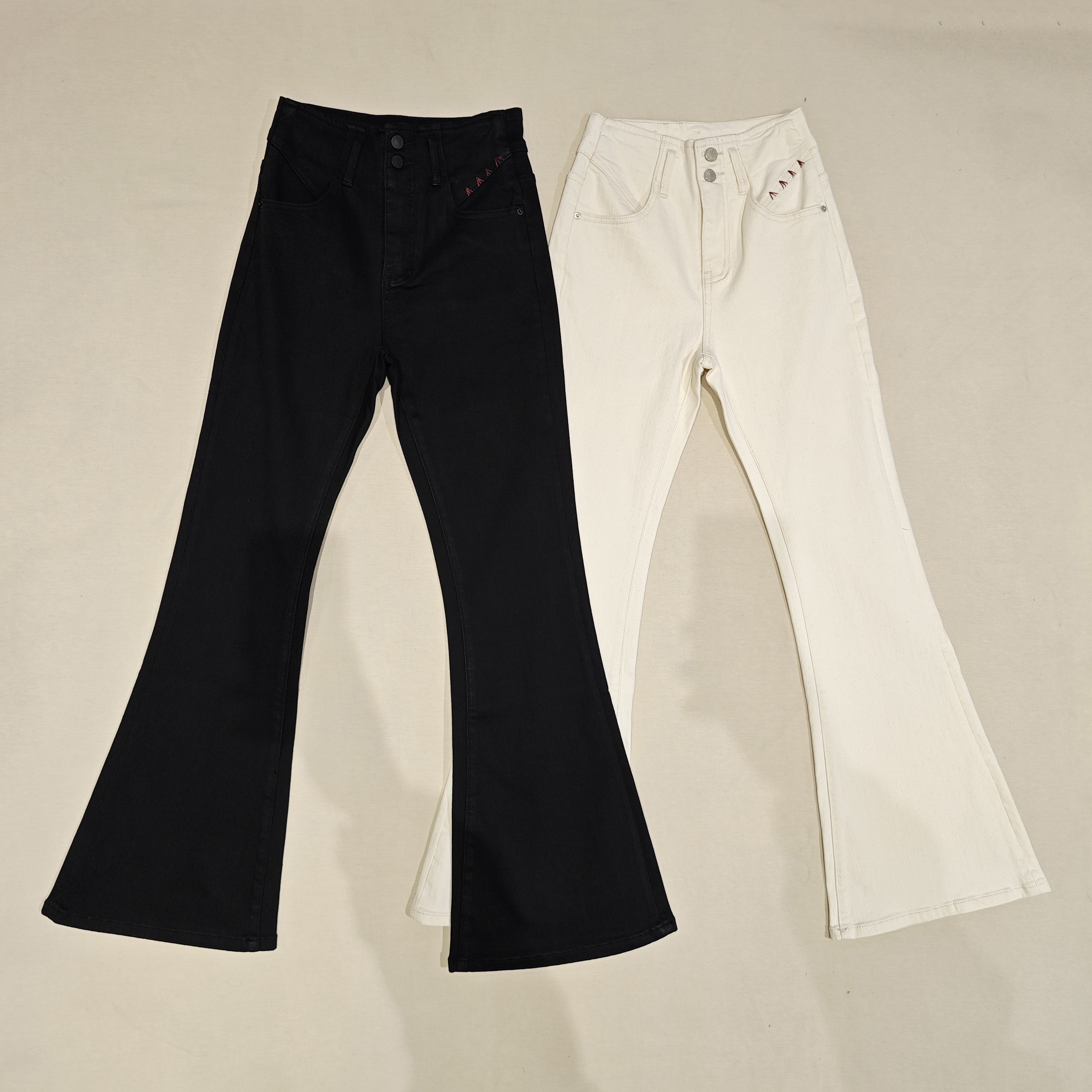 【HX女裤】DZ088春秋牛仔喇叭裤黑色米白色时尚弹力修身微喇休闲裤