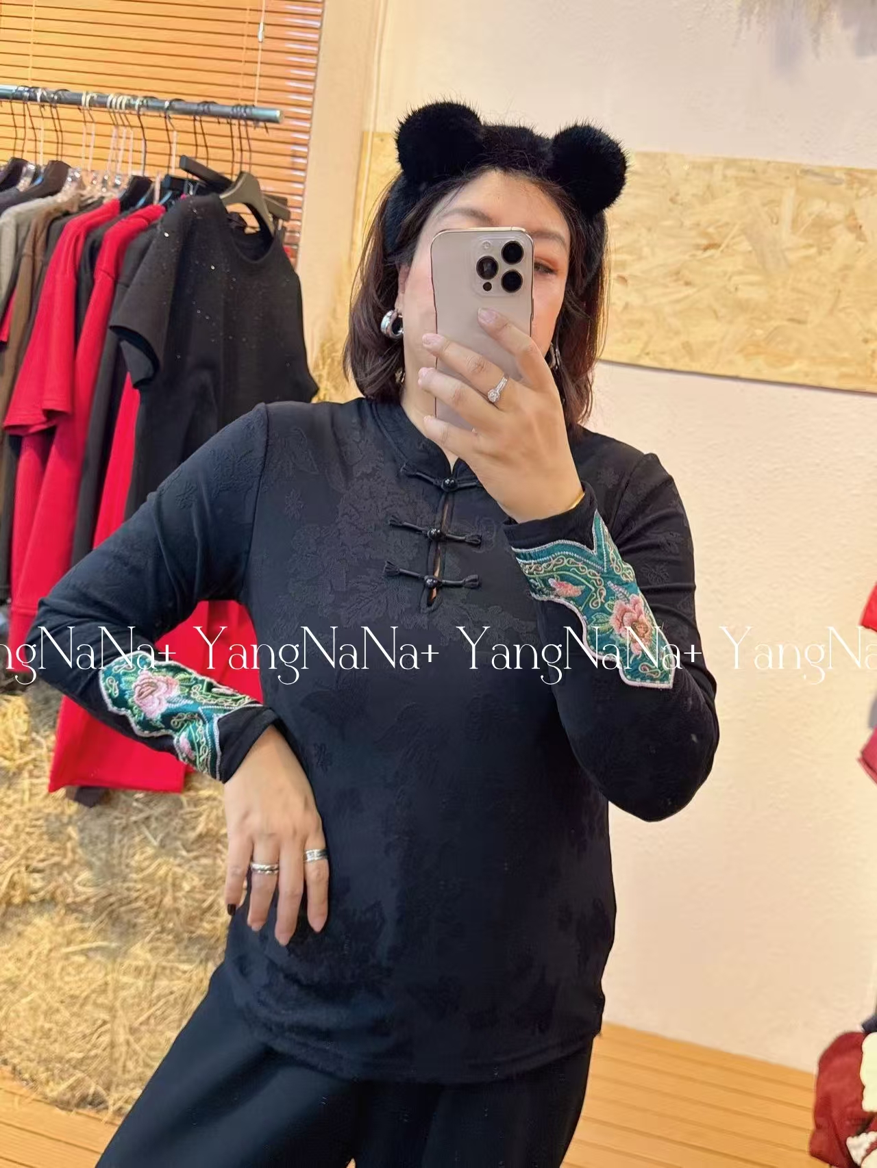 百搭大版时尚网红休闲女士长袖国风小磨毛弹力蕾丝上衣小衫25223