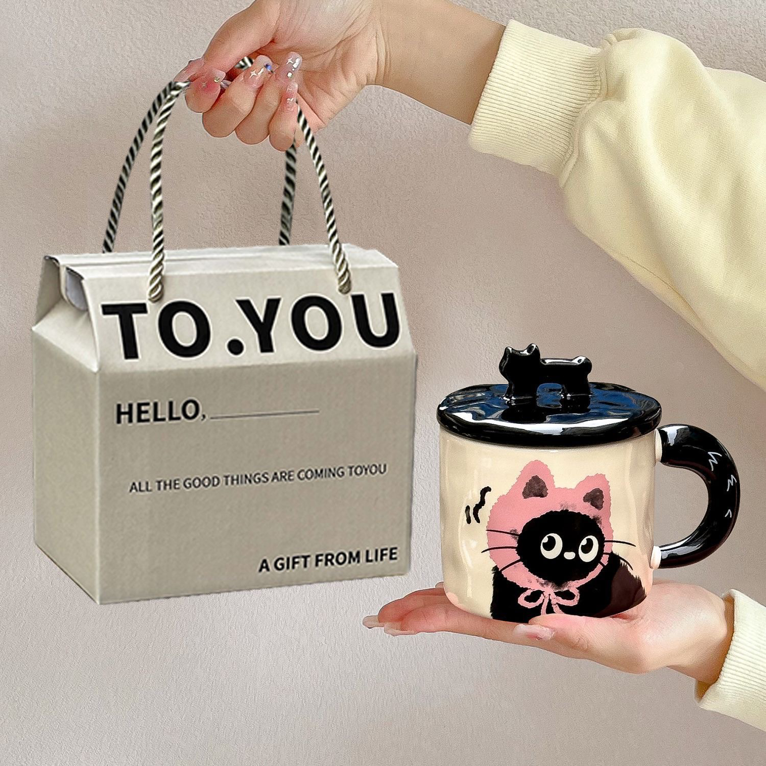 女生可爱猫咪陶瓷马克杯带盖情侣水杯送闺蜜创意实用杯子