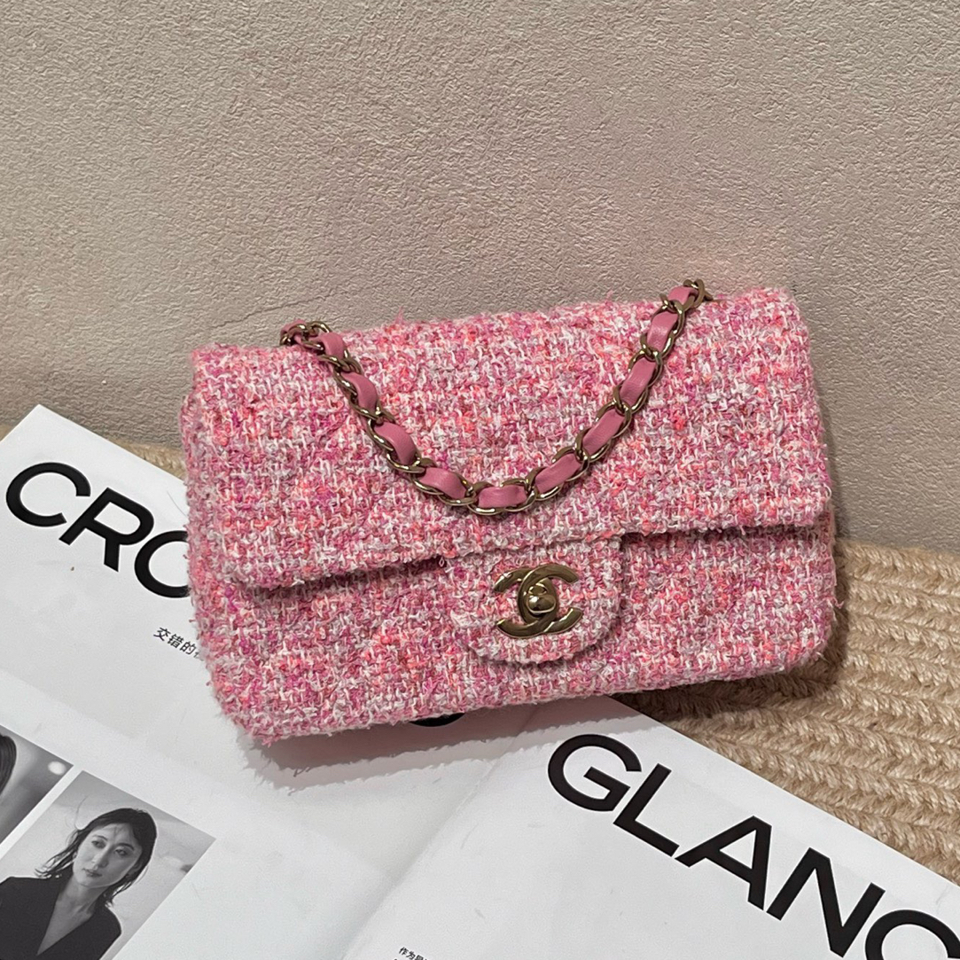 99新 Chanel/香奈儿 24P 粉色毛呢金扣大mini