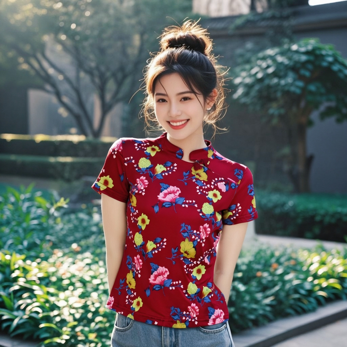 旗袍立领领短袖印花修身碎花显瘦中式气质百搭上衣复古夏季短款