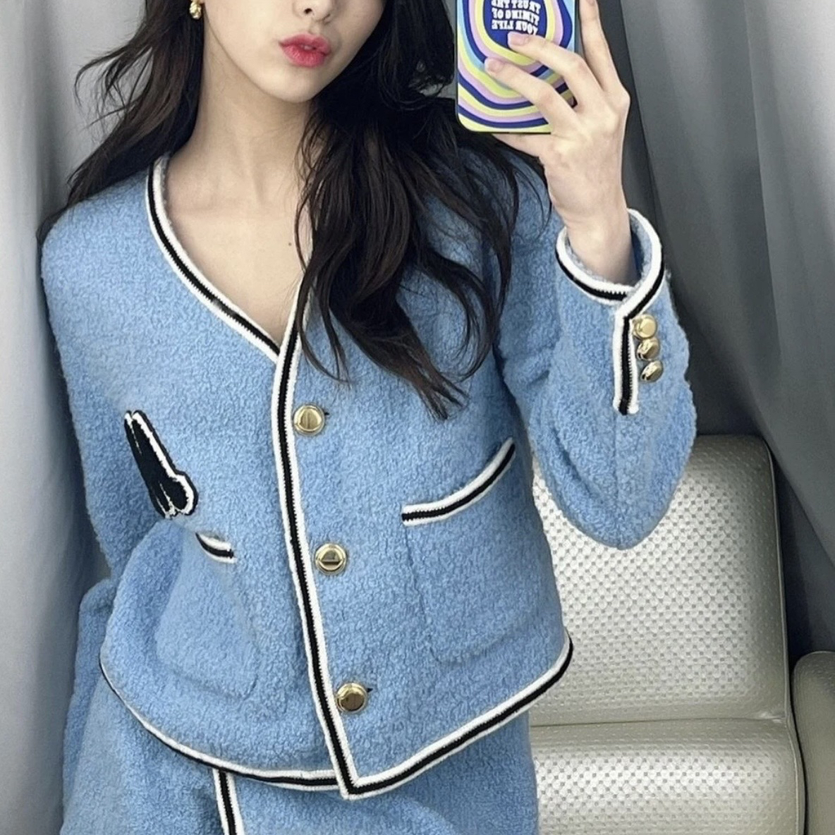 99新 MIU MIU/缪缪 tob217 仿羔皮呢字母V领针织开衫 38码 羊毛