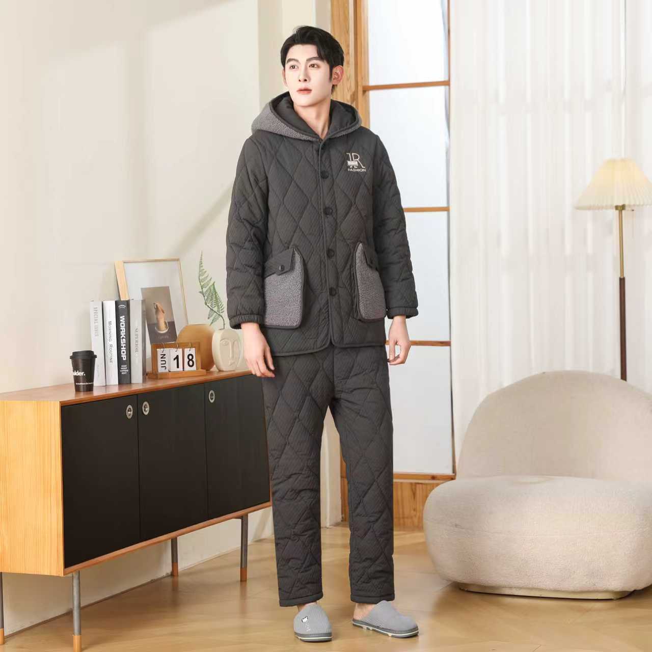 冬季新款男士加绒加厚三层夹棉连帽家居服保暖套装睡衣可外穿813