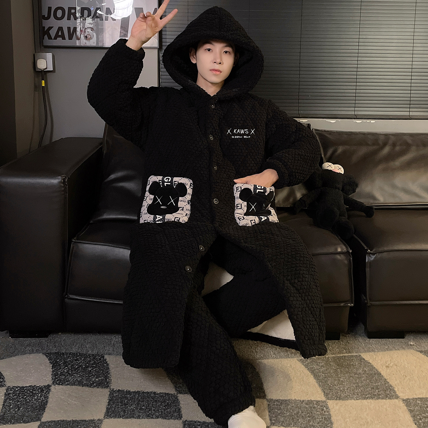 三层夹棉加厚睡袍冬季男士睡衣加厚加绒可外穿珊瑚绒家居服 7849