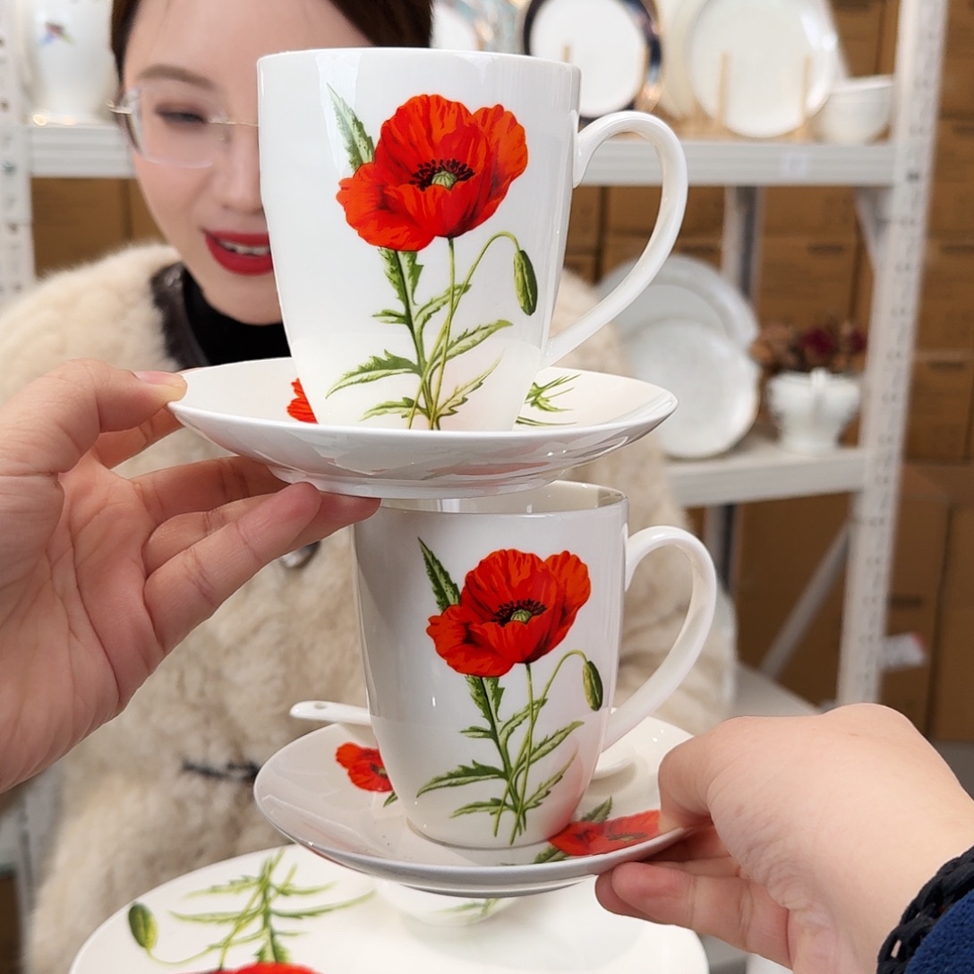 骨瓷骨瓷370ml咖啡杯碟2套（6件）