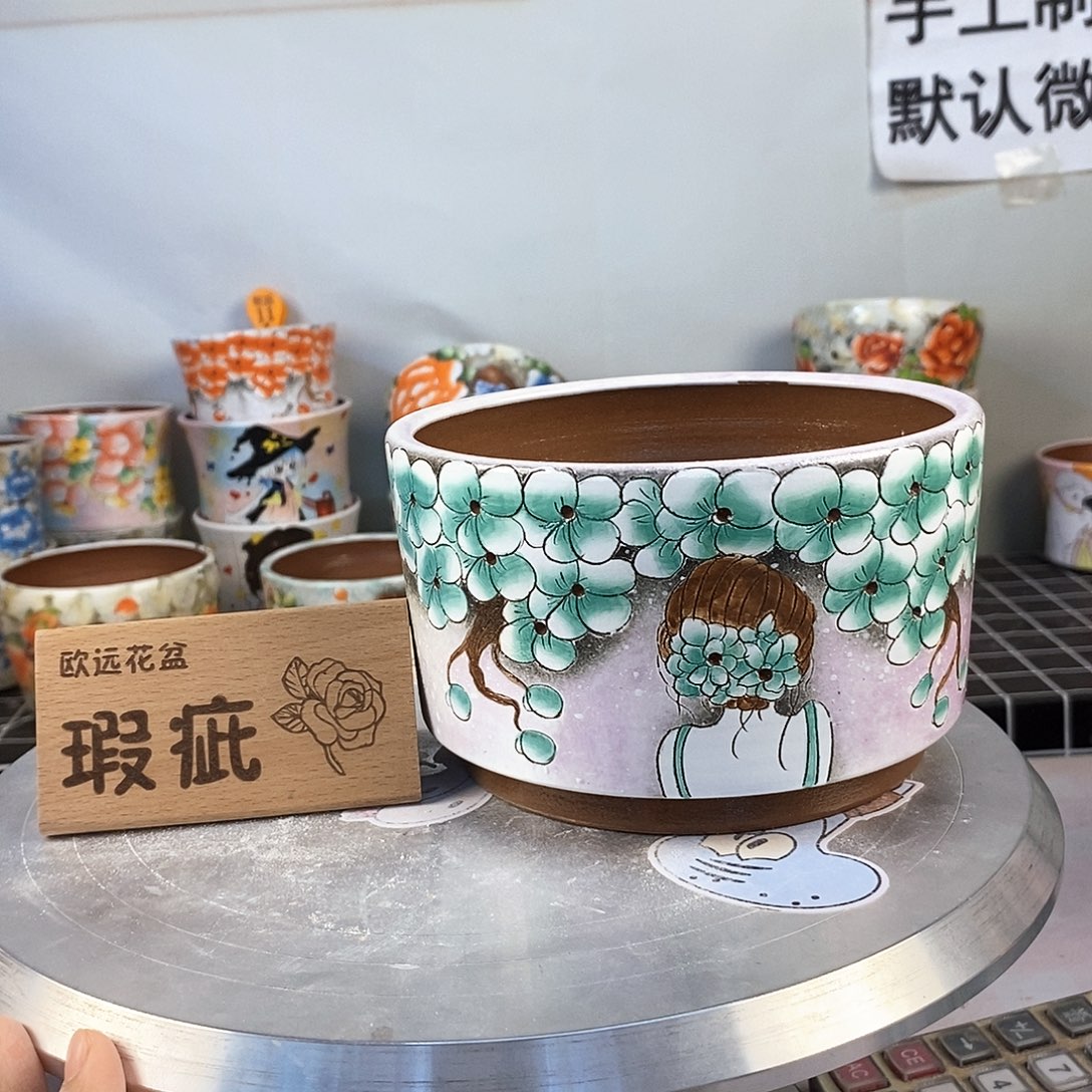 紫砂花盆红陶手绘花盆