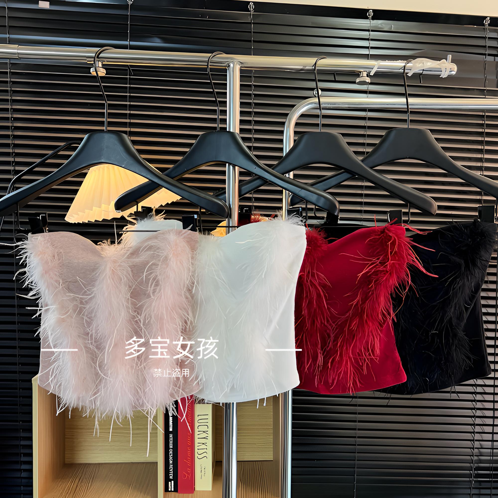 【多宝】新款法式辣妹风短款气质抹胸真毛拼接纯欲羊绒抹胸2176时尚