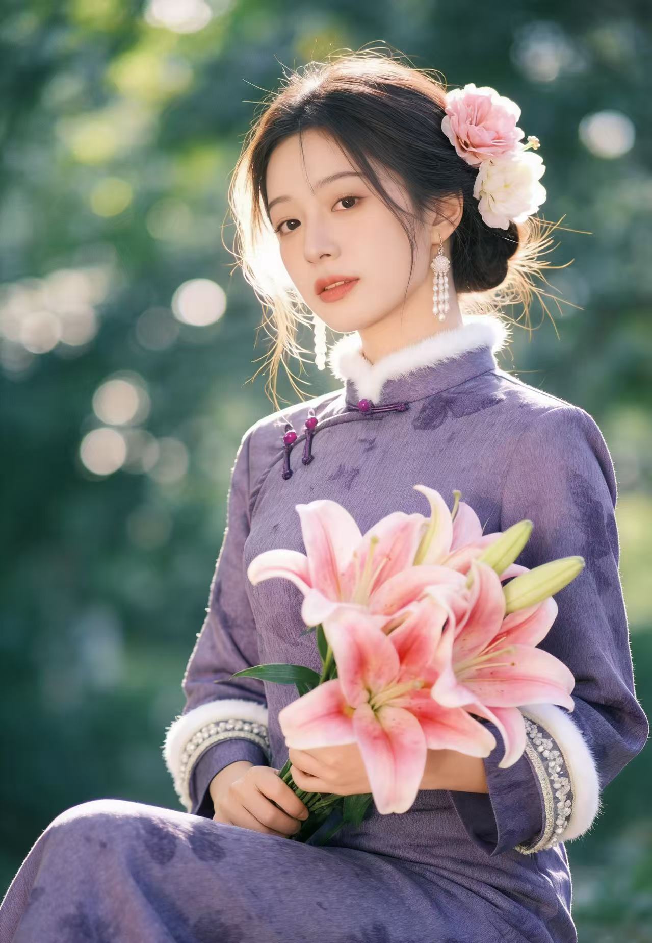 1587 紫色 缠结扣 【紫梦蝶】毛领 旗袍