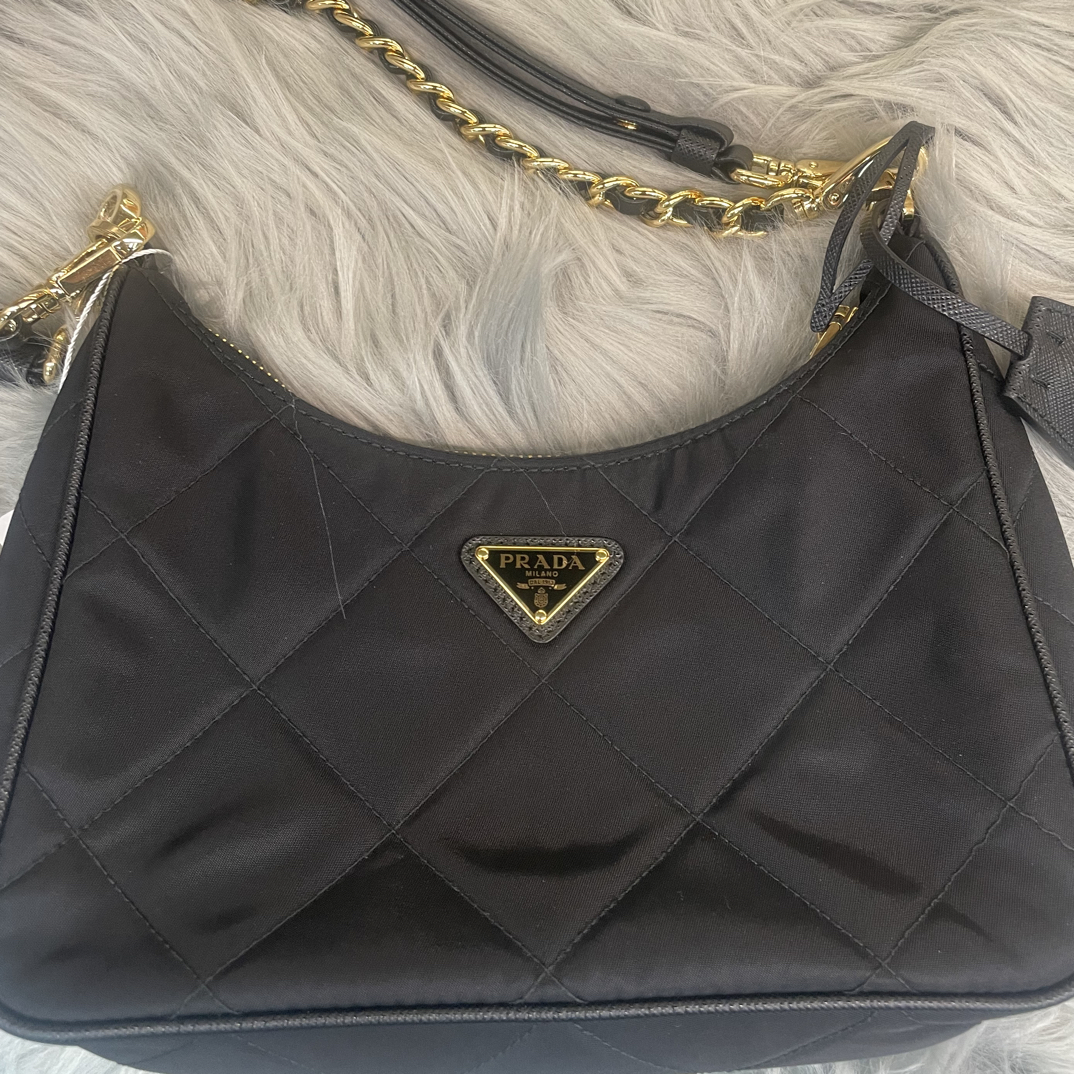 99新 Prada/普拉达 黑色菱格帆布腋下包 双链条 P755