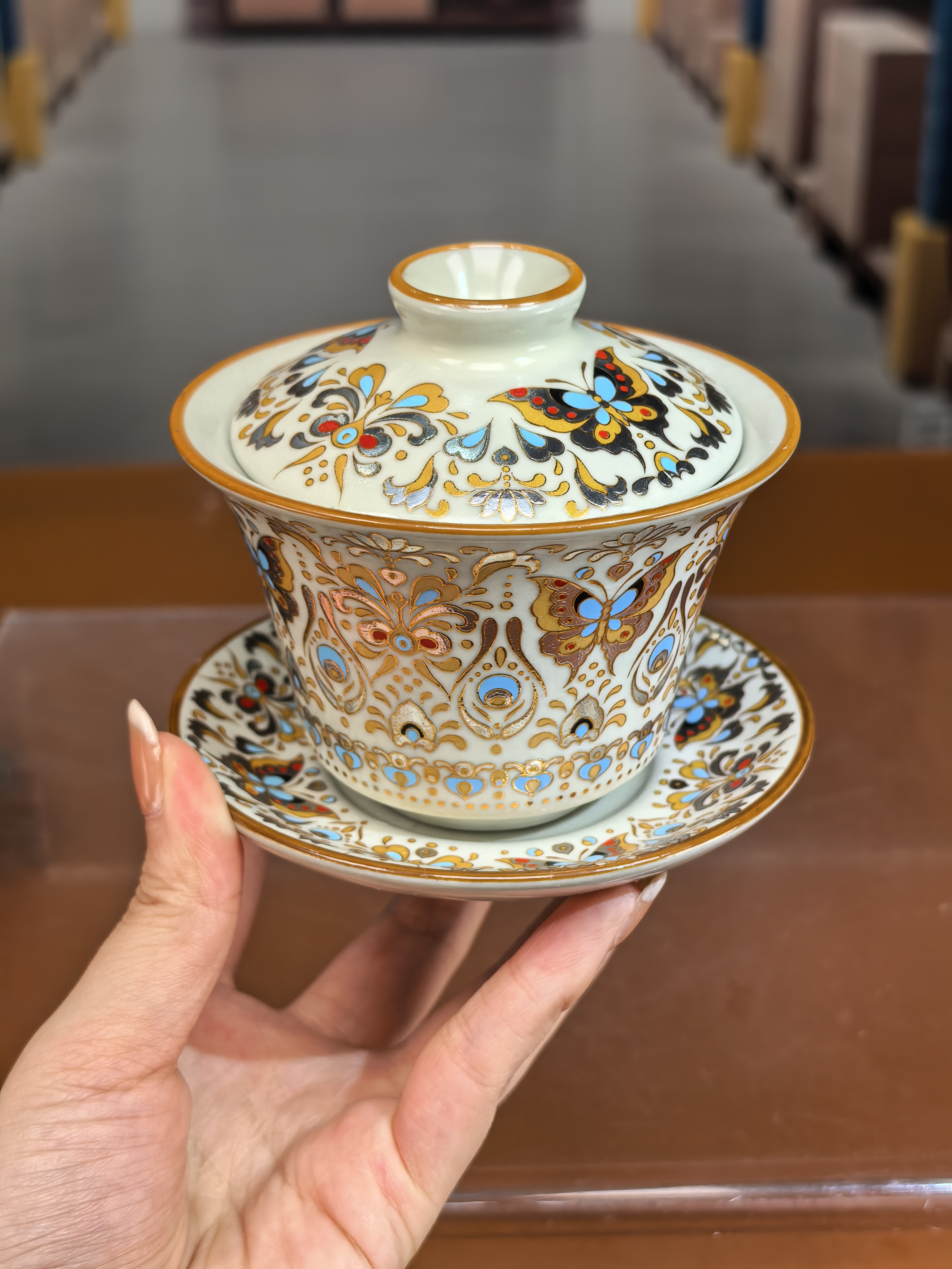 Y0066  黄汝窑金蝴蝶三才盖碗